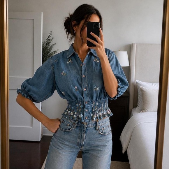 Tops - Vintage Embroidered Denim Chamgray Button Blouse Women S Boho Cottagecore 90s